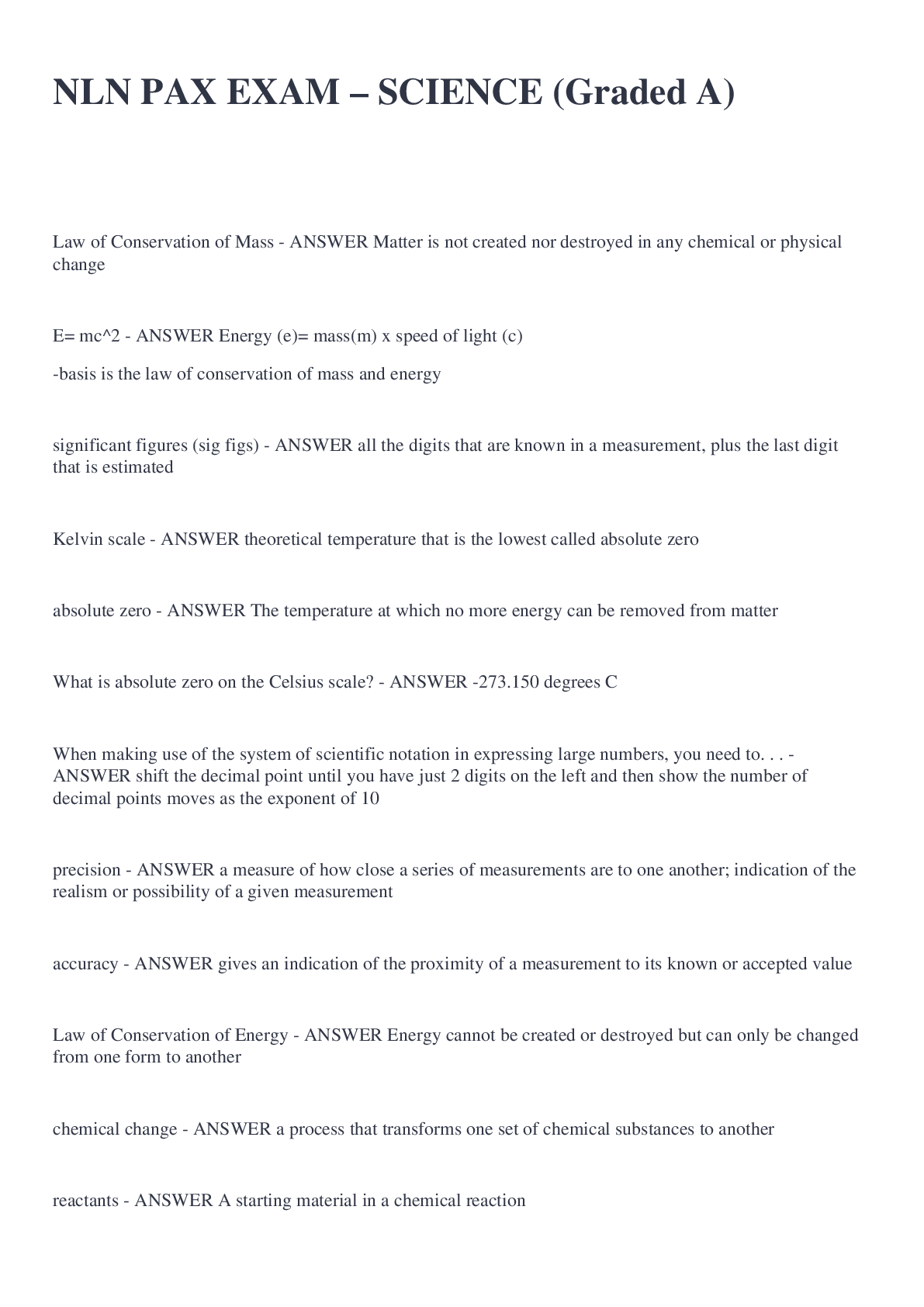 Preview image of NLN PAX EXAM – SCIENCE (Graded A) document